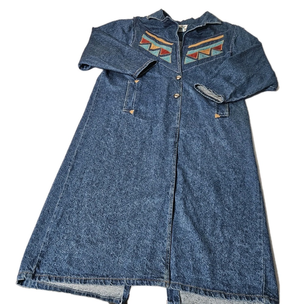 Vintage Pioneer‎ Wear Long Denim Jacket Womens 12 Southwestern Aztec USA Dress
